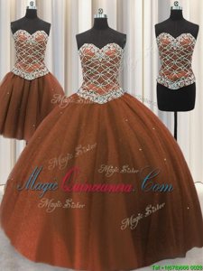Luxurious Three Piece Brown Sleeveless Floor Length Beading and Sequins Lace Up 15 Quinceanera Dress