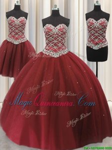 Fine Three Piece Burgundy Lace Up 15th Birthday Dress Beading and Sequins Sleeveless Floor Length