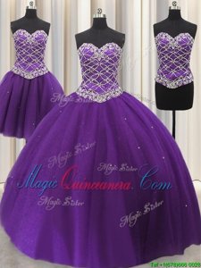 Enchanting Three Piece Sequins Sweetheart Sleeveless Lace Up Quinceanera Gown Eggplant Purple Tulle