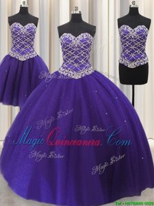 Enchanting Three Piece Sweetheart Sleeveless Tulle Sweet 16 Dress Beading and Sequins Lace Up