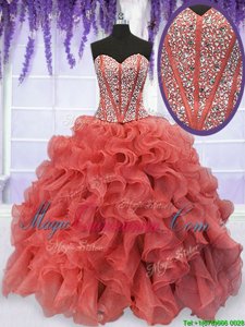 Sumptuous Coral Red Organza Lace Up 15 Quinceanera Dress Sleeveless Floor Length Beading and Ruffles