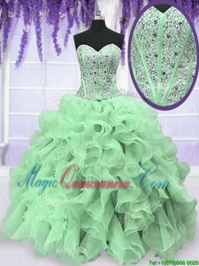 Custom Designed Apple Green Sleeveless Organza Lace Up 15 Quinceanera Dress for Military Ball and Sweet 16 and Quinceanera