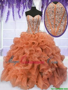 Floor Length Lace Up Vestidos de Quinceanera Rust Red and In for Military Ball and Sweet 16 and Quinceanera with Beading and Ruffles