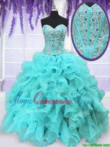 Ball Gowns Ball Gown Prom Dress Aqua Blue Sweetheart Organza Sleeveless Floor Length Lace Up