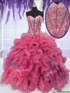 Romantic Pink Lace Up Sweetheart Beading and Ruffles Sweet 16 Dress Organza Sleeveless