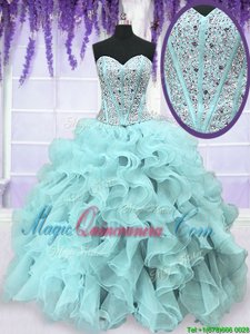Gorgeous Light Blue Lace Up Sweetheart Beading and Ruffles Quince Ball Gowns Organza Sleeveless