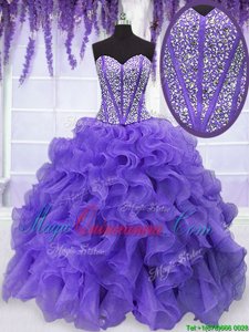 Lavender Organza Lace Up Sweetheart Sleeveless Floor Length Quince Ball Gowns Beading and Ruffles