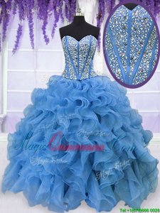 Glittering Baby Blue Ball Gowns Sweetheart Sleeveless Organza Floor Length Lace Up Beading and Ruffles Sweet 16 Dresses