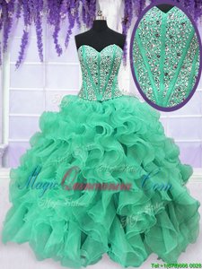 Turquoise Sweetheart Lace Up Beading and Ruffles Quinceanera Gowns Sleeveless