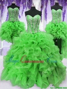 Four Piece Ball Gowns Beading and Ruffles Sweet 16 Dresses Lace Up Organza Sleeveless Floor Length