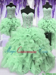 Suitable Four Piece Apple Green Organza Lace Up Sweetheart Sleeveless Floor Length Quinceanera Gowns Beading and Ruffles