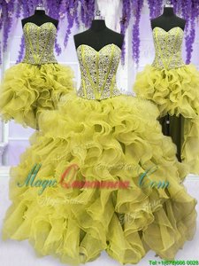 Modest Four Piece Light Yellow Sweetheart Neckline Beading and Ruffles Sweet 16 Dress Sleeveless Lace Up