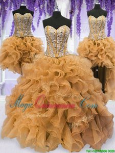 Four Piece Gold 15 Quinceanera Dress Military Ball and Sweet 16 and Quinceanera and For with Beading and Ruffles Sweetheart Sleeveless Lace Up