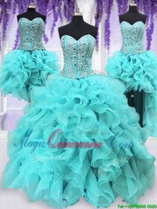 Four Piece Aqua Blue Ball Gowns Organza Sweetheart Sleeveless Ruffles and Sequins Floor Length Lace Up Quince Ball Gowns