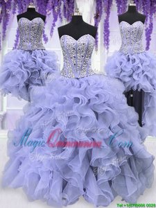 Four Piece Lavender Ball Gowns Sweetheart Sleeveless Organza Floor Length Lace Up Ruffles and Sequins Quinceanera Gown
