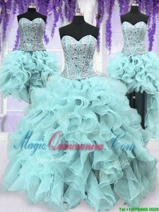 Four Piece Light Blue Sweetheart Lace Up Ruffles and Sequins Quinceanera Gowns Sleeveless