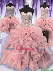 Fashionable Four Piece Pink Lace Up Quinceanera Dresses Ruffles and Sequins Sleeveless Floor Length