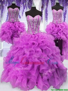 Four Piece Fuchsia Sleeveless Ruffles and Sequins Floor Length 15th Birthday Dress