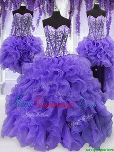Fine Four Piece Sweetheart Sleeveless Organza Quinceanera Gown Embroidery and Ruffles and Ruffled Layers and Sashes|ribbons Lace Up