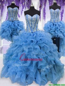 Sexy Four Piece Blue Sweetheart Neckline Ruffles and Sequins Sweet 16 Dress Sleeveless Lace Up