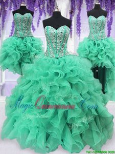Four Piece Turquoise Ball Gowns Ruffles and Sequins 15 Quinceanera Dress Lace Up Organza Sleeveless Floor Length