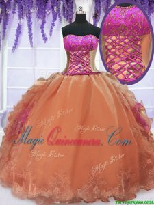 Excellent Floor Length Lace Up Vestidos de Quinceanera Orange and In for Military Ball and Sweet 16 and Quinceanera with Embroidery and Ruffles