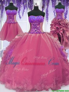 Four Piece Floor Length Pink Sweet 16 Dresses Organza Sleeveless Embroidery and Ruffles