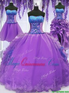 Eye-catching Four Piece Lavender Organza Lace Up Quinceanera Gown Sleeveless Floor Length Embroidery and Ruffles