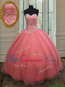 Watermelon Red Sweetheart Neckline Beading and Belt Quinceanera Gown Sleeveless Lace Up