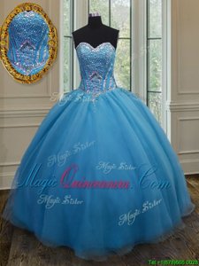 Baby Blue Organza Lace Up Sweetheart Sleeveless Floor Length Quinceanera Dress Beading and Belt
