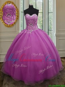 Amazing Lilac Ball Gowns Beading and Belt Sweet 16 Dresses Lace Up Organza Sleeveless Floor Length