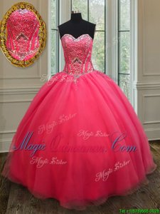 Extravagant Sleeveless Organza Floor Length Lace Up Quinceanera Dress in Coral Red for with Beading