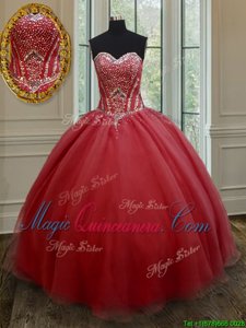 Sleeveless Floor Length Beading Lace Up Vestidos de Quinceanera with Red