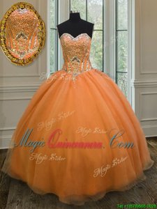 Designer Orange Sleeveless Floor Length Beading Lace Up Quinceanera Dress