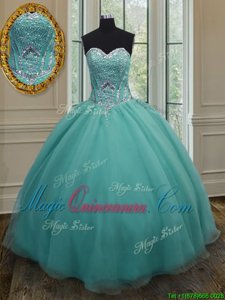 Graceful Turquoise Quince Ball Gowns Military Ball and Sweet 16 and Quinceanera and For with Beading Sweetheart Sleeveless Lace Up