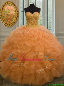Deluxe Sweetheart Sleeveless Quinceanera Dress Floor Length Beading and Ruffles Orange Organza