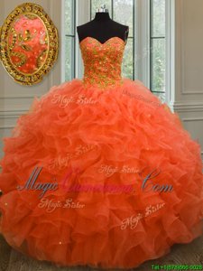 Top Selling Sweetheart Sleeveless 15 Quinceanera Dress Floor Length Beading and Ruffles Orange Red Organza