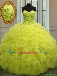Noble Sleeveless Organza Floor Length Lace Up Sweet 16 Dress in Yellow for with Beading and Ruffles