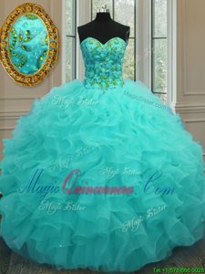 Aqua Blue Sweet 16 Dresses Military Ball and Sweet 16 and Quinceanera and For with Beading and Ruffles Sweetheart Sleeveless Lace Up