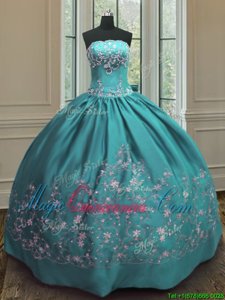 Teal Strapless Neckline Embroidery Quince Ball Gowns Sleeveless Lace Up