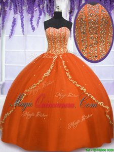Orange Red Sweet 16 Dress Military Ball and Sweet 16 and Quinceanera and For with Beading Sweetheart Sleeveless Lace Up