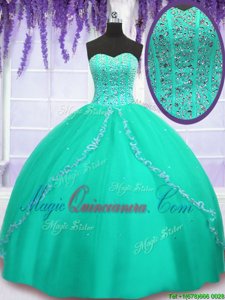 Custom Fit Turquoise Tulle Lace Up Sweetheart Sleeveless Floor Length Vestidos de Quinceanera Beading and Sequins