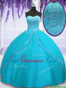 Latest Sequins Aqua Blue Sleeveless Tulle Backless Sweet 16 Quinceanera Dress for Military Ball and Sweet 16 and Quinceanera