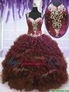 Edgy Burgundy Ball Gowns Straps Sleeveless Tulle Floor Length Zipper Beading and Ruffles Quinceanera Gown