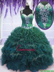 Straps Straps Floor Length Zipper Quinceanera Dresses Dark Green and In for Military Ball and Sweet 16 and Quinceanera with Beading and Ruffles