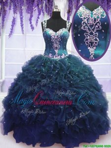 Floor Length Navy Blue Quinceanera Dresses Straps Sleeveless Zipper
