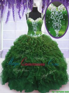 Superior Green Ball Gowns Straps Sleeveless Tulle Floor Length Zipper Beading and Ruffles Quinceanera Gowns