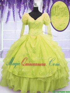 Yellow Green Sleeveless Floor Length Beading and Embroidery and Ruffles Lace Up Vestidos de Quinceanera