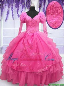 Long Sleeves Organza Floor Length Lace Up 15 Quinceanera Dress in Hot Pink for with Beading and Embroidery and Hand Made Flower