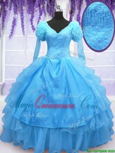 Baby Blue V-neck Lace Up Beading and Embroidery and Hand Made Flower Quinceanera Gown Long Sleeves